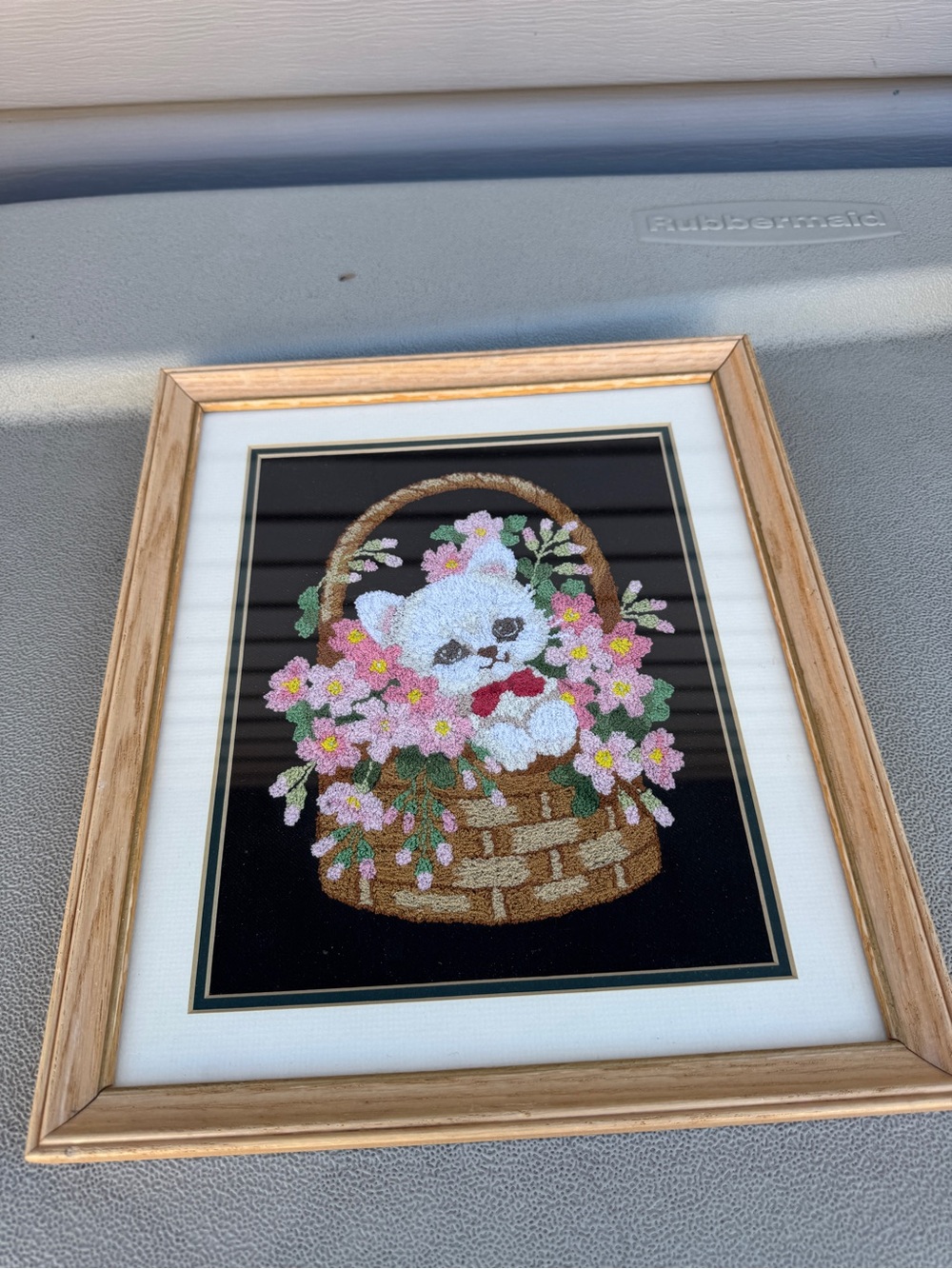 Punch Needle Framed Embroidered Kitten in Pink Flower Basket Wall Art